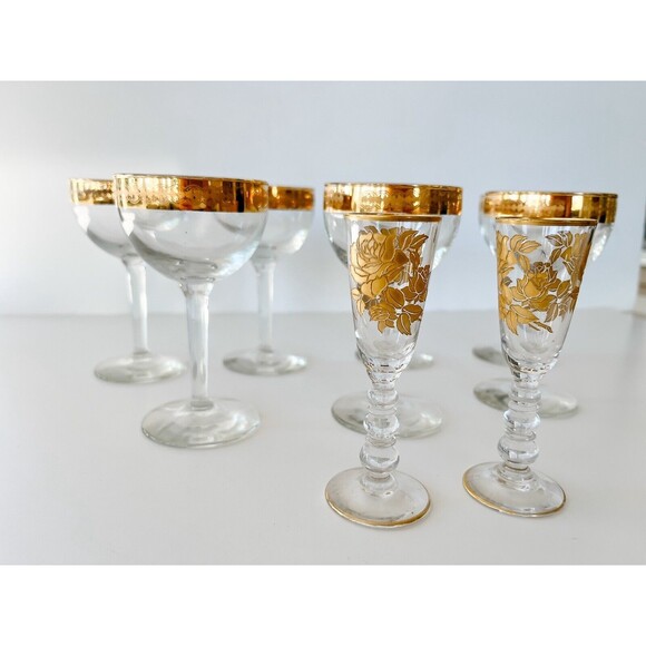 Set of 9 Vintage Etched Gold Rimmed Encrusted Crystal Wine Cordial Glasses - Picture 11 of 11